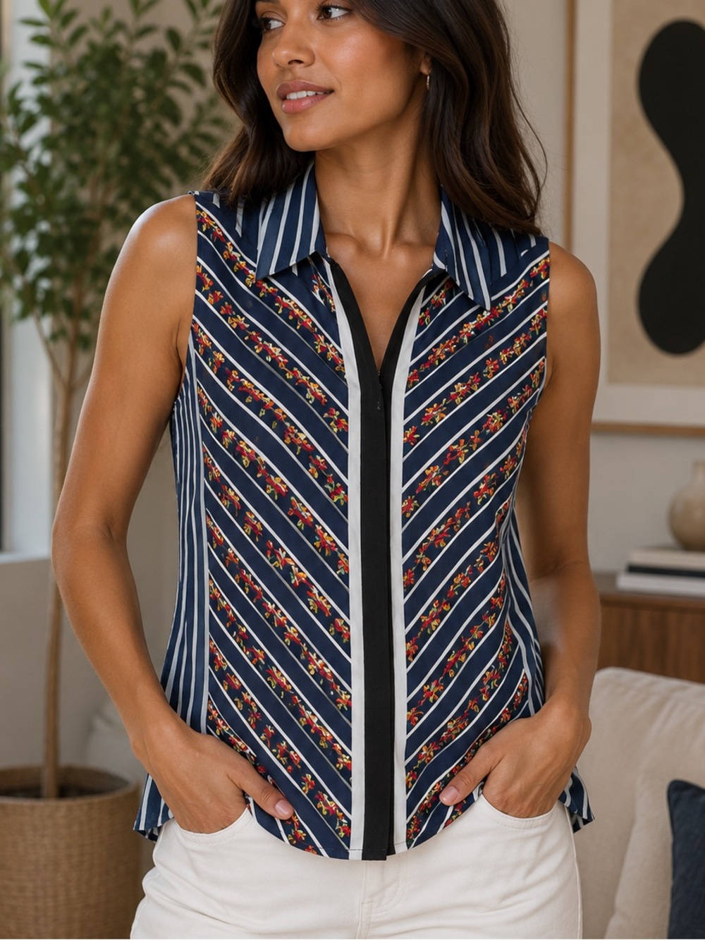 CAbi Blue Chevron Striped Floral Zip Front Sleeveless Top XXS